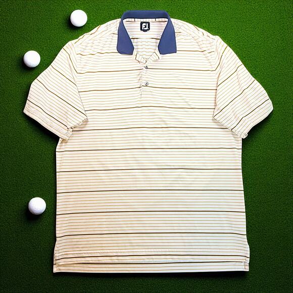 FootJoy White Yellow Striped Short Sleeve Collared Timberton Golf Club Polo XL - Picture 1 of 7